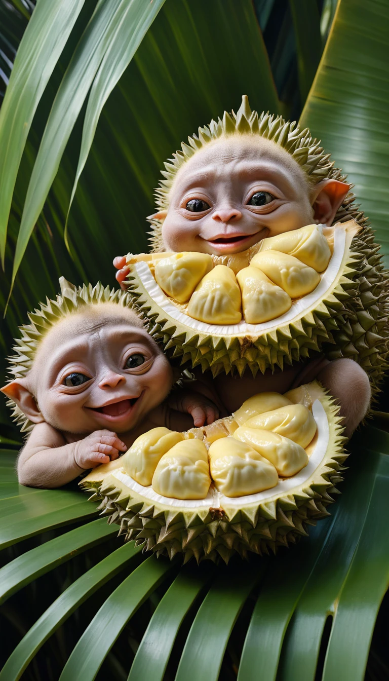 Dois bebês trolls dormindo aconchegados dentro de uma jaca aberta sobre uma folha de palmeira