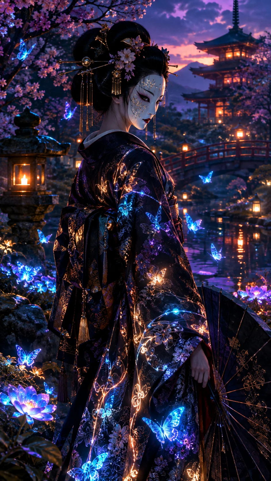 Uma gueixa com um quimono de padrões luminosos está em um jardim japonês
