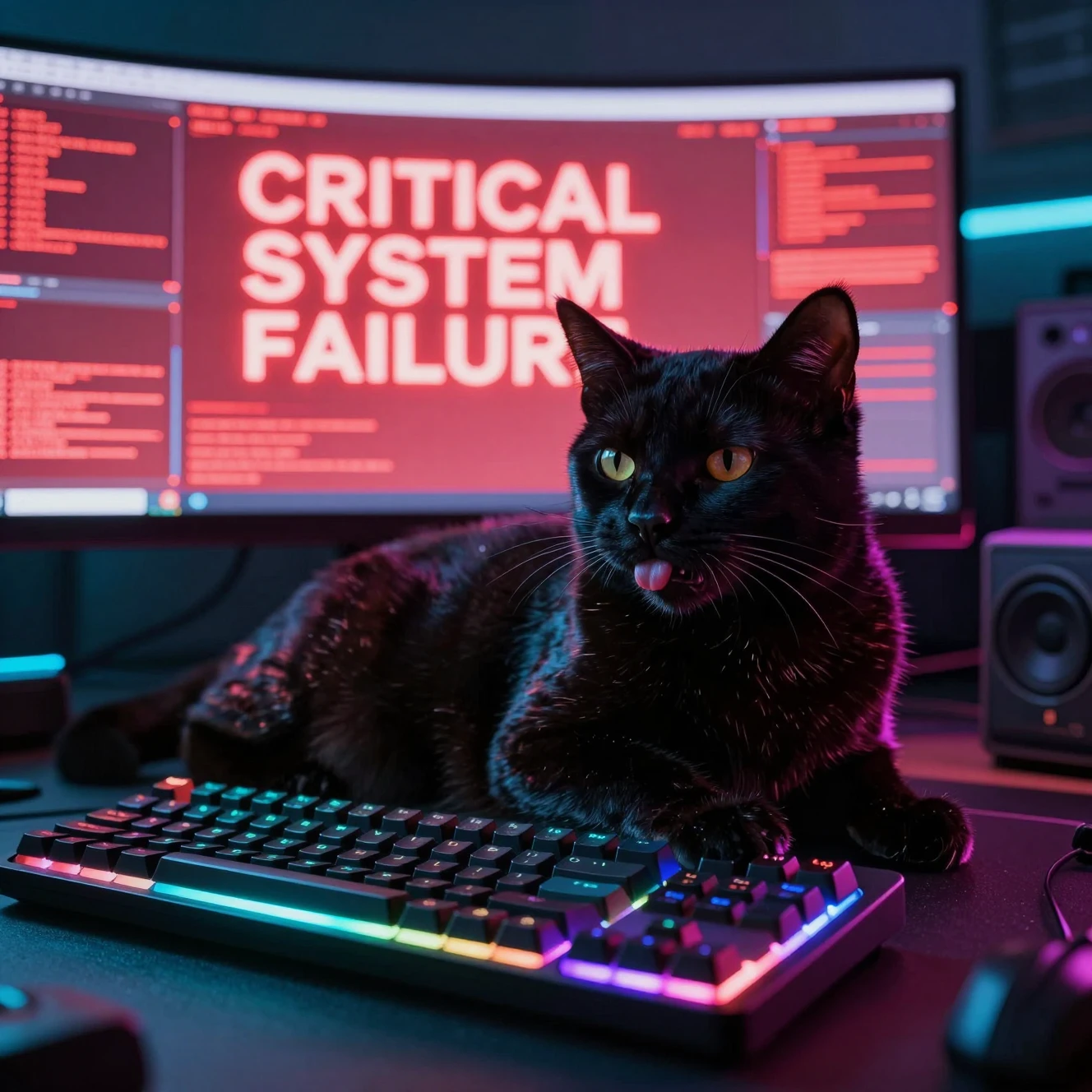Eine schwarze Katze entspannt auf einer leuchtenden Tastatur in einem Hightech-Studio