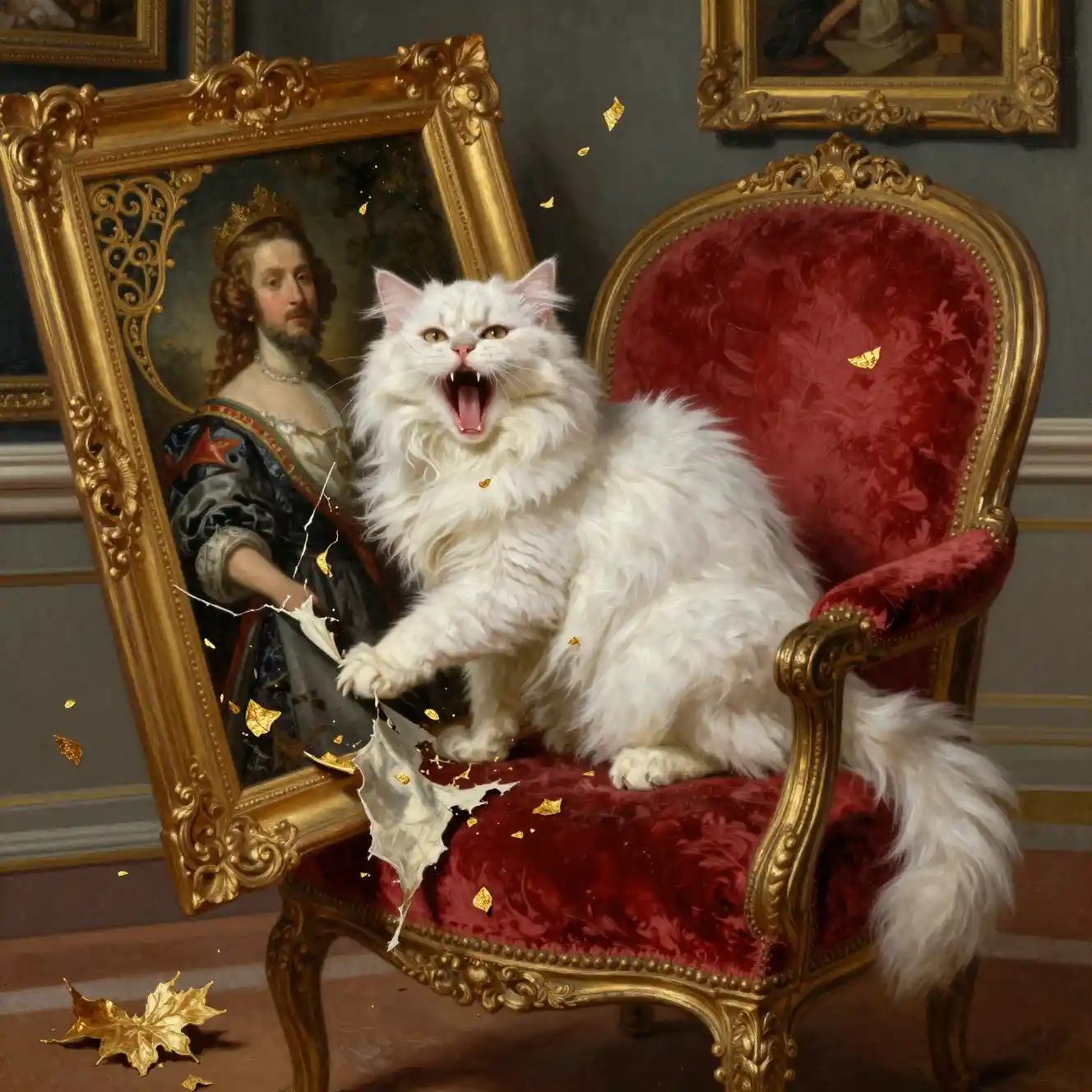 Un gato persa blanco destroza un retrato antiguo en una galería de museo