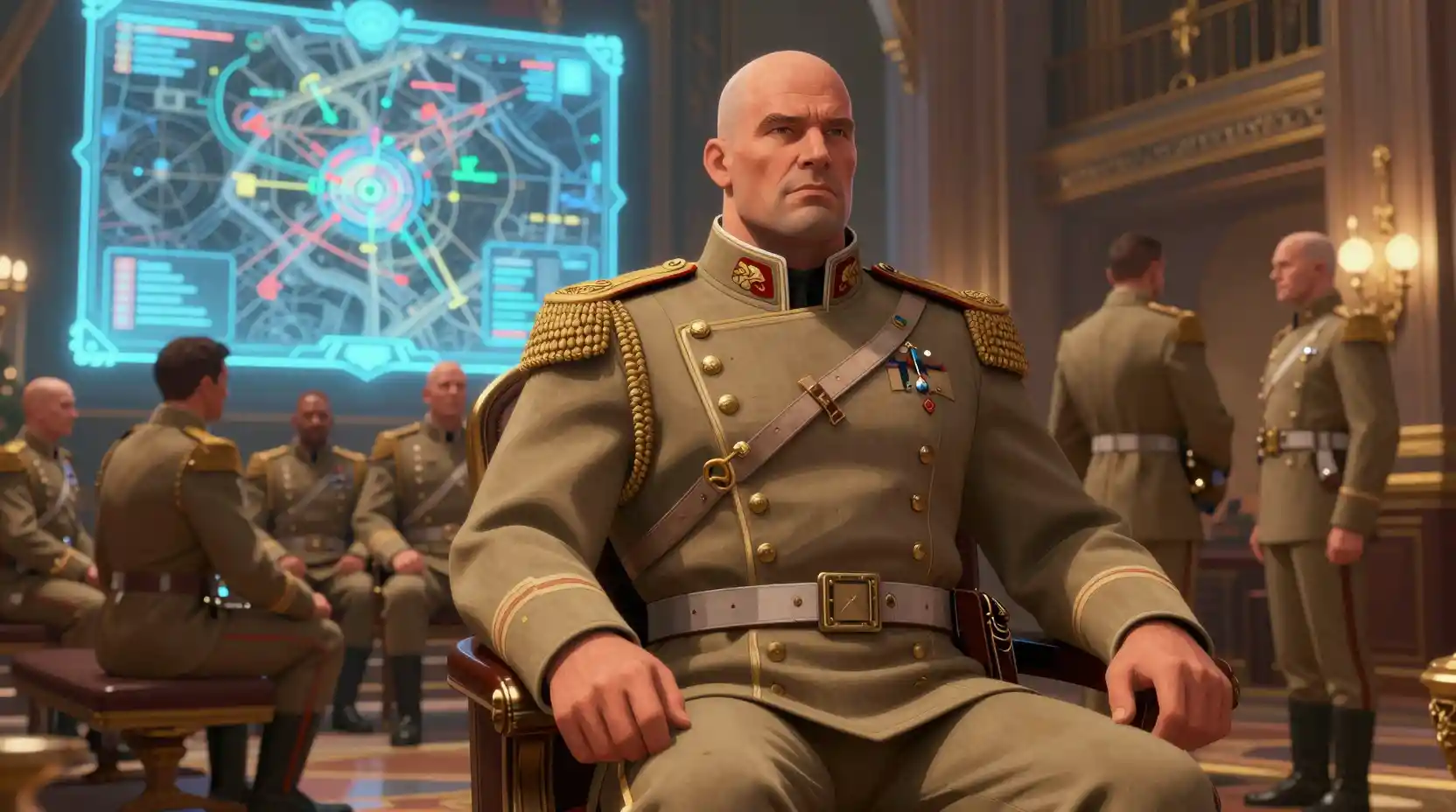 A bald warrior sits in a grand hall with a glowing battlefield display