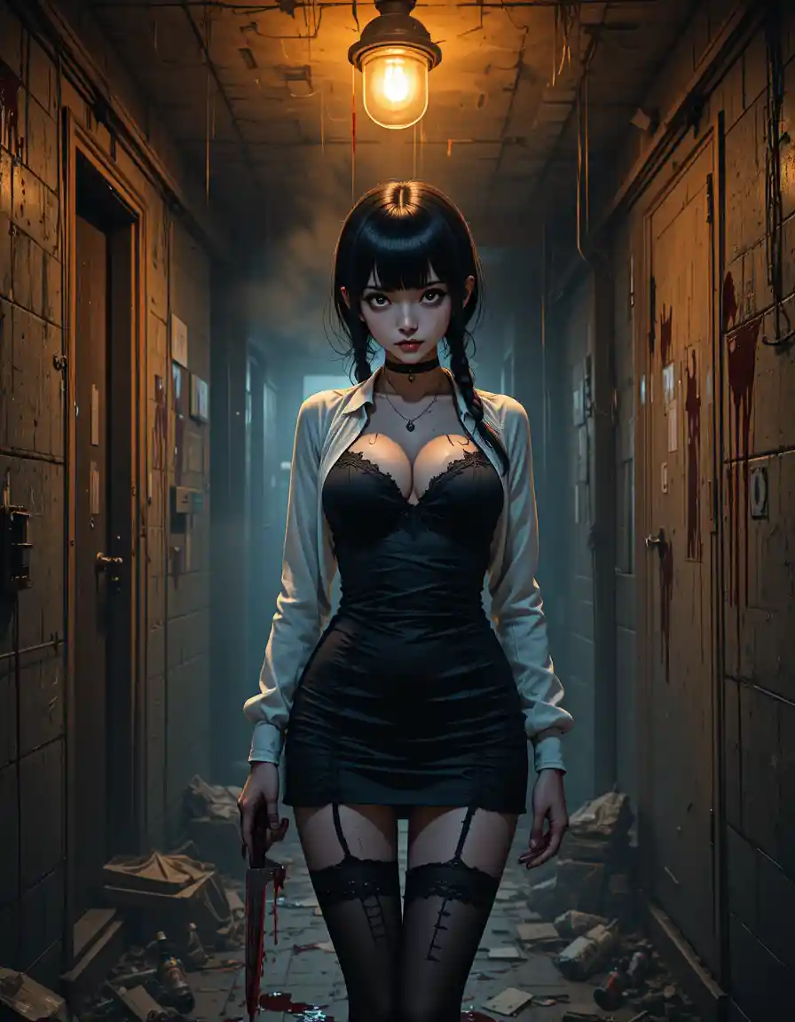 Anime girl with a bloodied butcher knife in a dusty basement