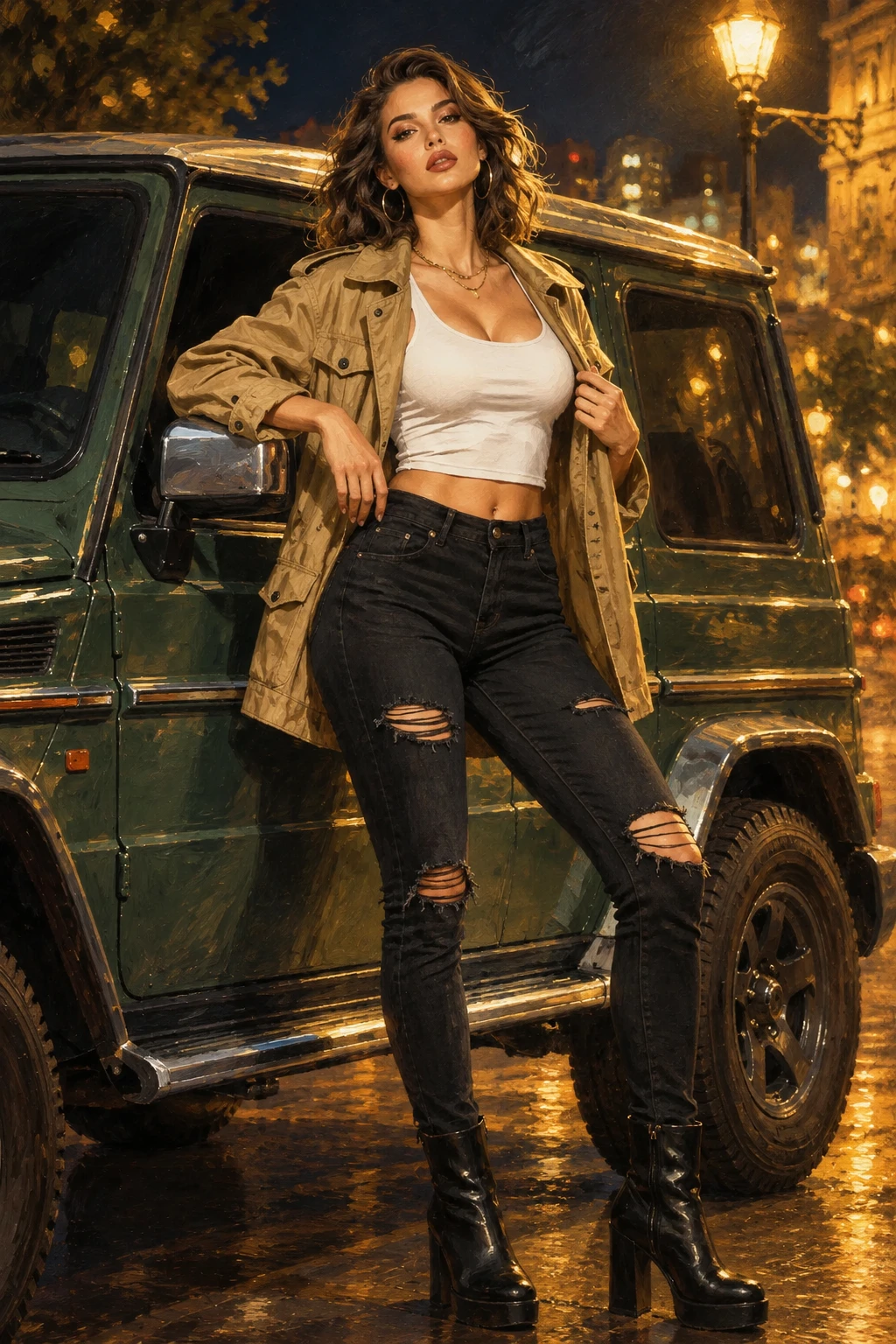 Uma mulher elegante posa ao lado de um SUV verde-escuro à noite