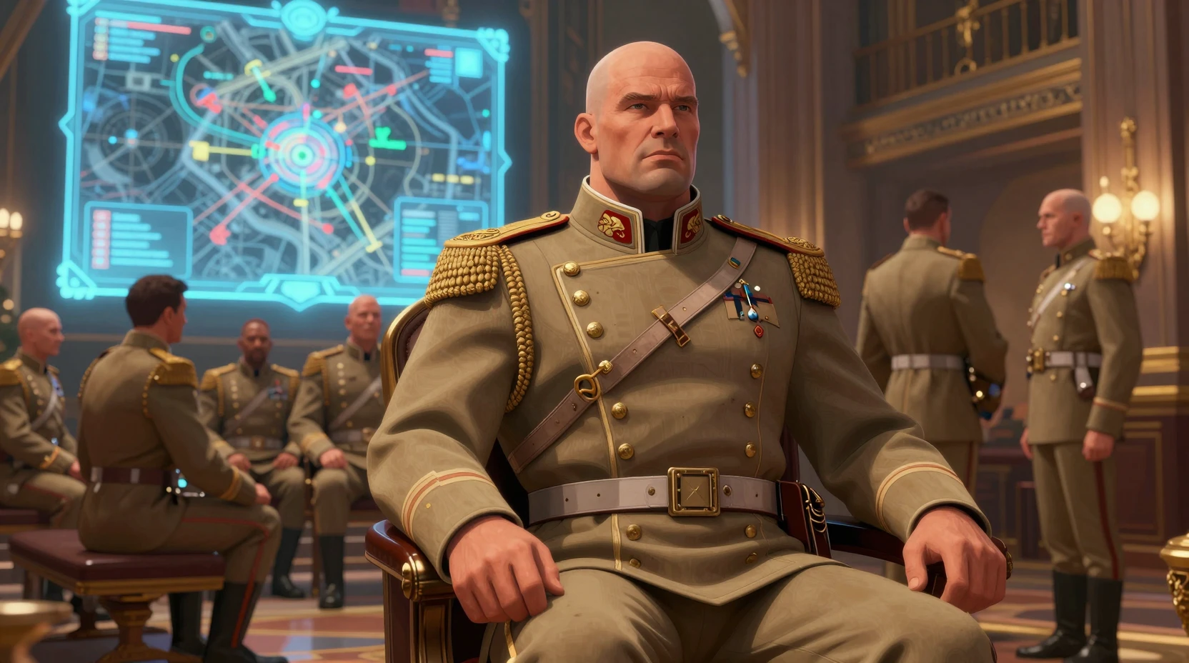 A bald warrior sits in a grand hall with a glowing battlefield display