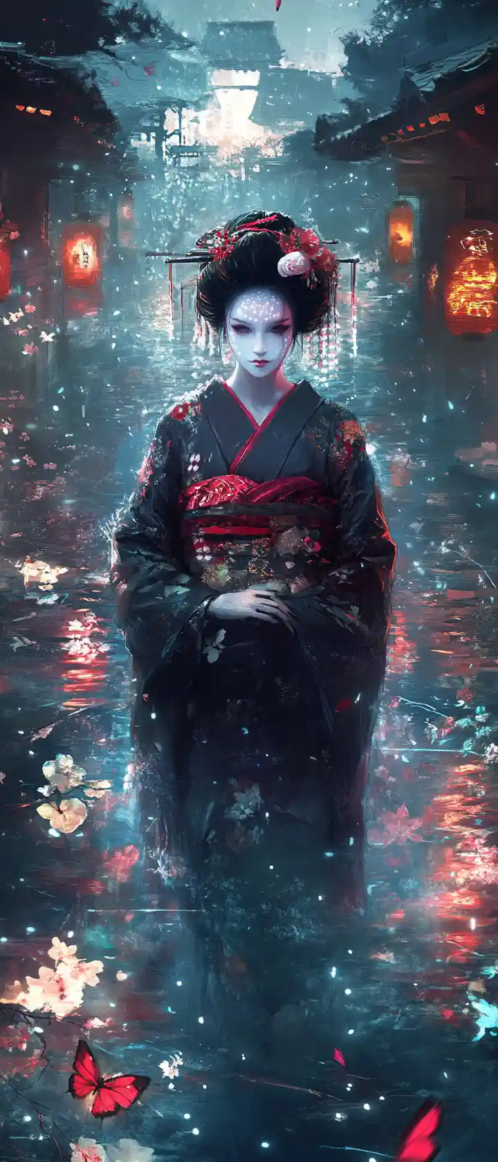 A Geisha Stands Amid Glowing Kimono Patterns in a Japanese Garden