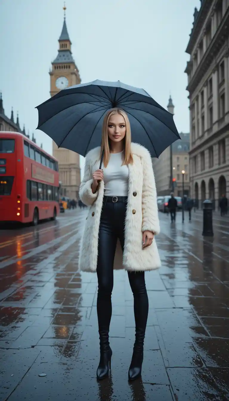 Uma mulher segura um guarda-chuva preto em uma rua molhada da cidade