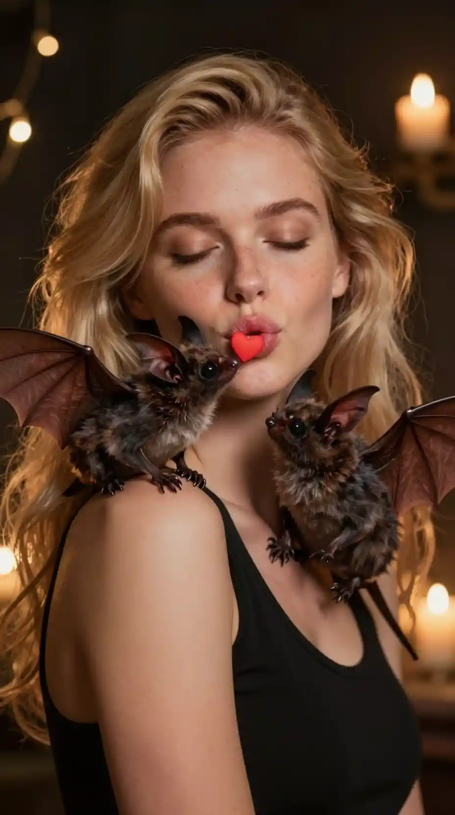 A woman kisses a fluffy bat while another watches jealously