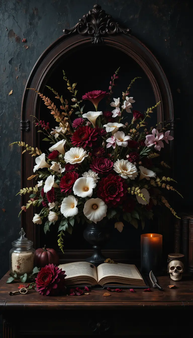 Flores cor de vinho em uma natureza-morta de Halloween sombria, emolduradas por mogno entalhado