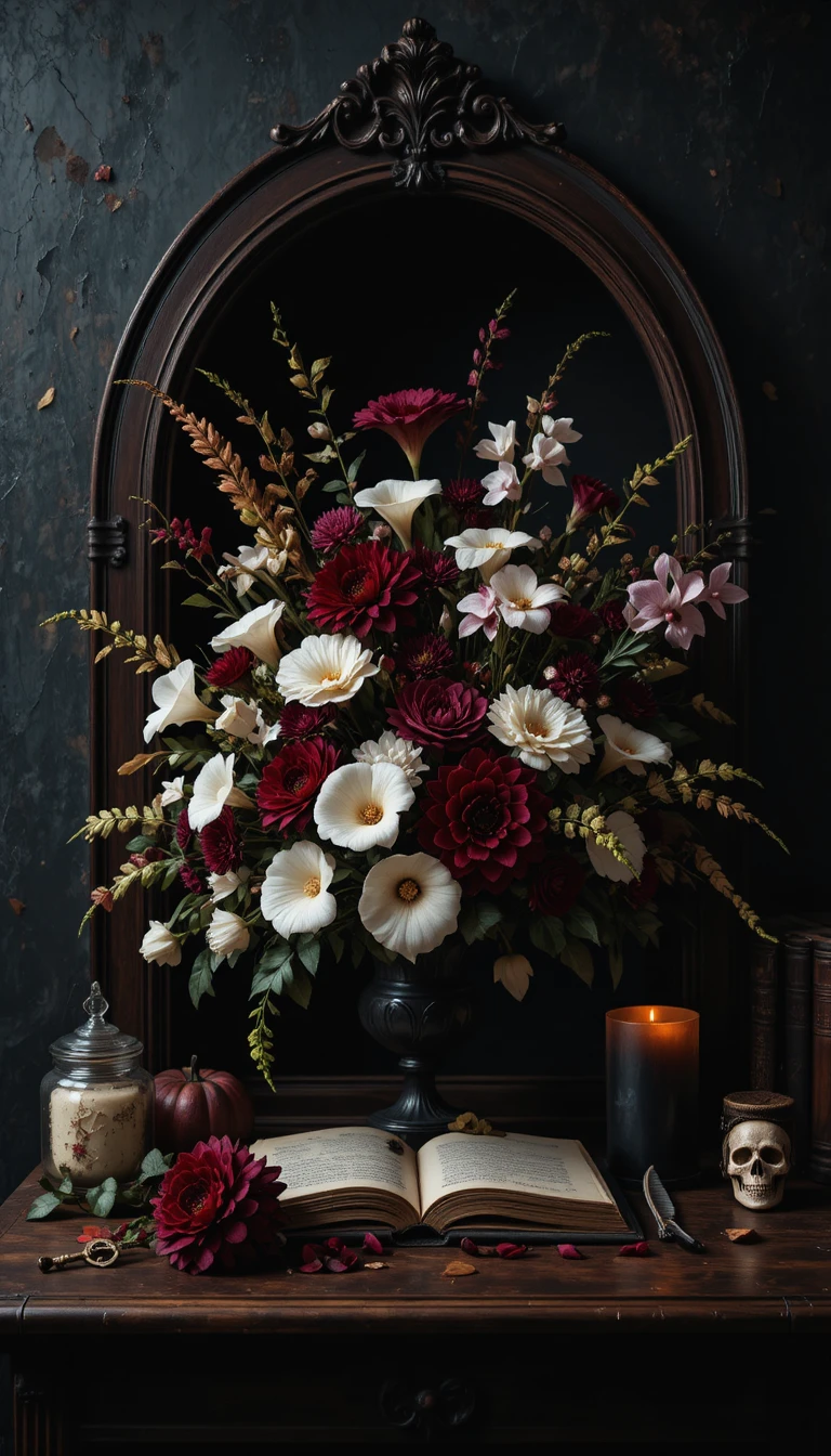 Fleurs bordeaux dans une nature morte d’Halloween à l’atmosphère sombre, encadrées de bois d’acajou sculpté