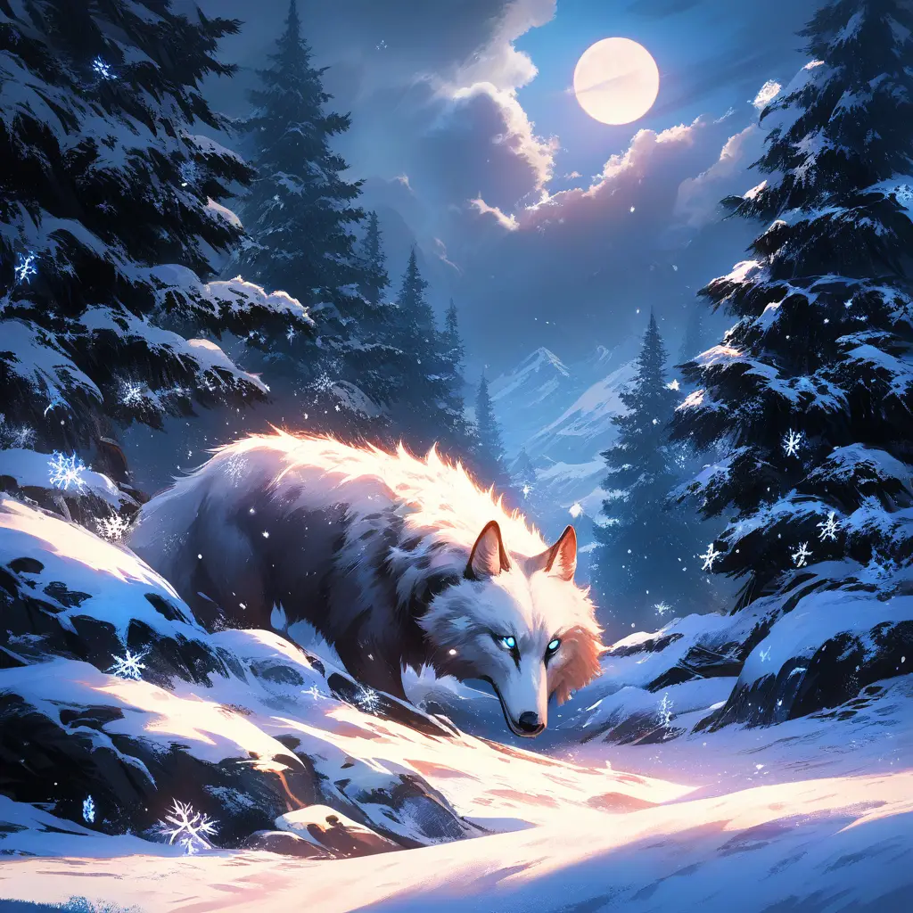 A great wolf watches beneath a full moon in a snowy winter landscape