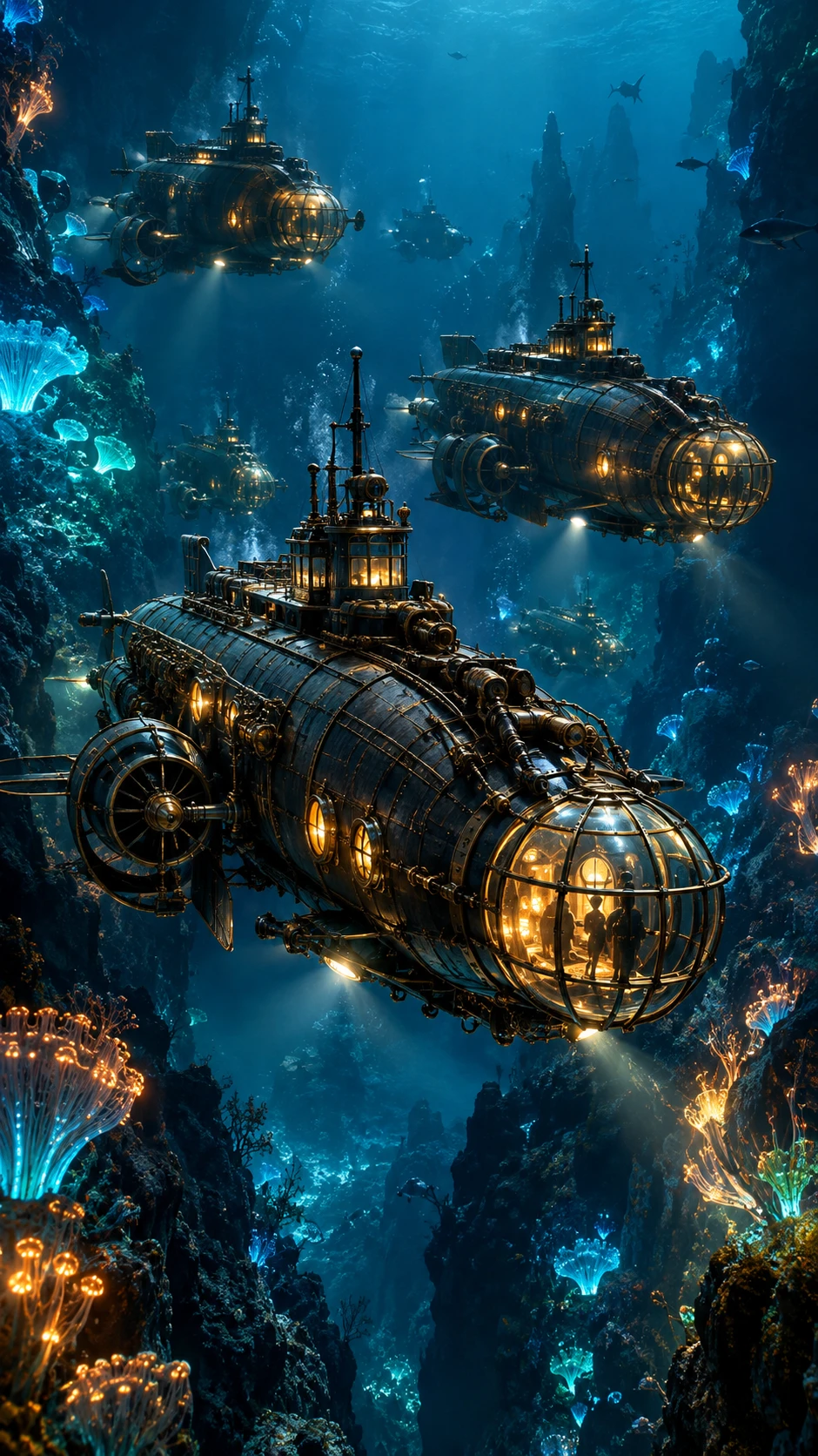 Steampunk submarines drift through a deep sea trench among glowing coral
