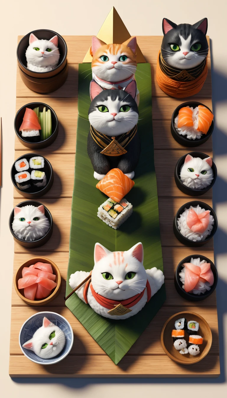 Ein Stapel Sushirollen bildet auf einem Tisch eine ägyptische Pyramide
