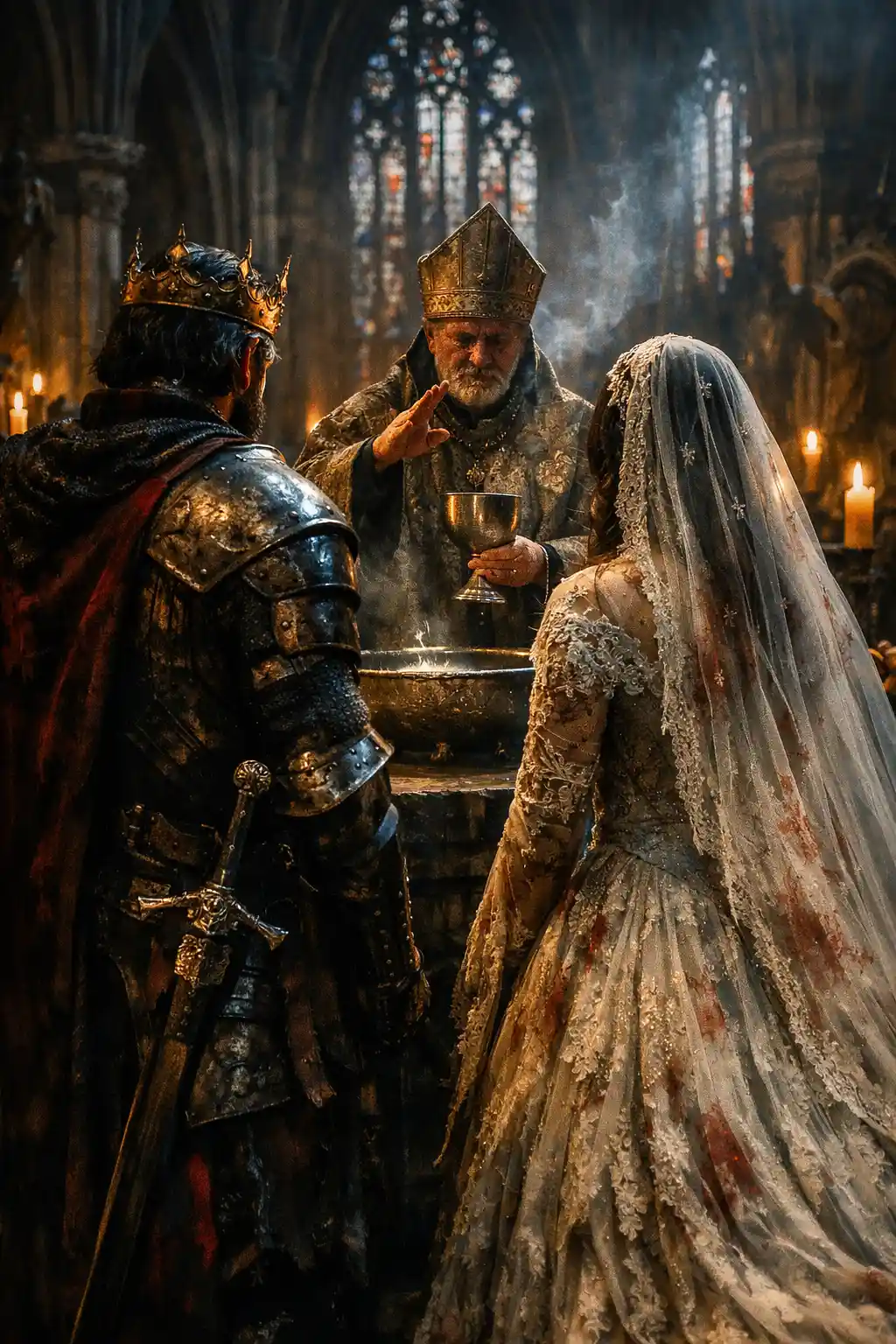 King Arthur and his bride stand before a priest in a Gothic cathedral