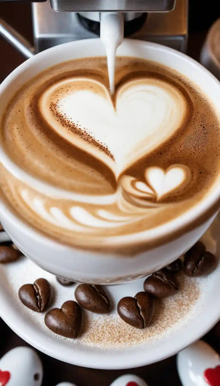 Tiny baristas arrange foam hearts inside a giant cappuccino cup