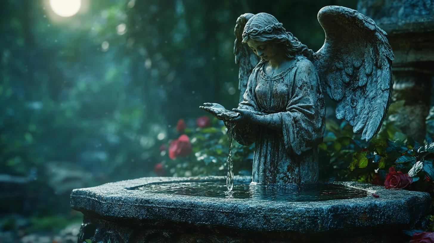 Una statua di un angelo si erge sopra una fontana di pietra consumata dal tempo