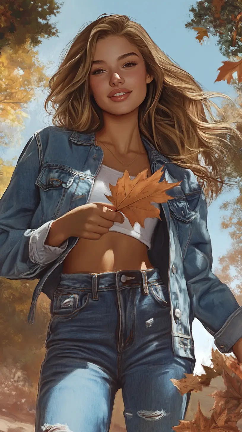 A smiling woman holds an autumn leaf before an autumn landscape
