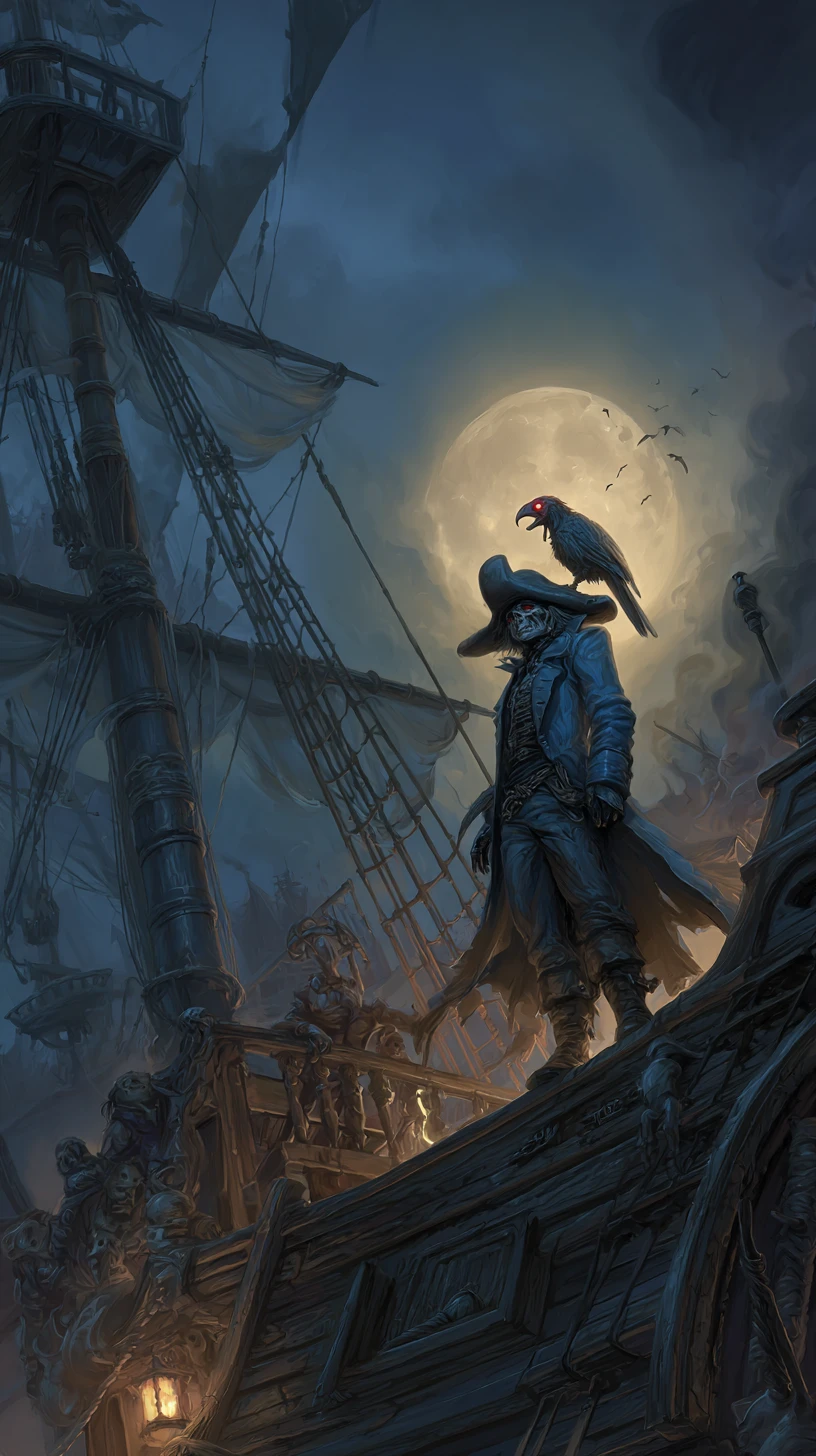 Reine pirate morte-vivante à bord de son galion spectral sous la pleine lune