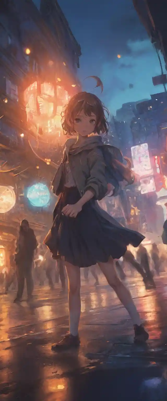 A laughing hero raises a hand in a tilted magical scene