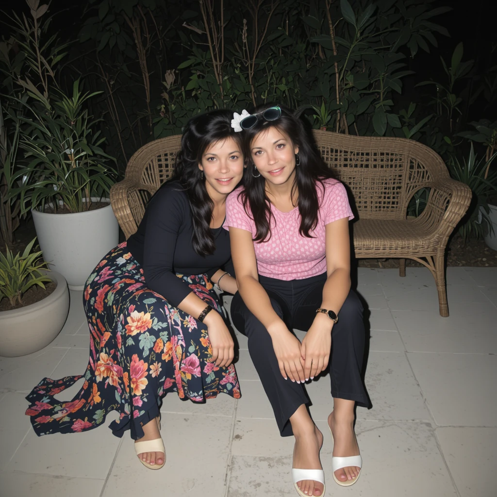 Dos mujeres se dedican una sonrisa cálida en un patio ajardinado por la noche
