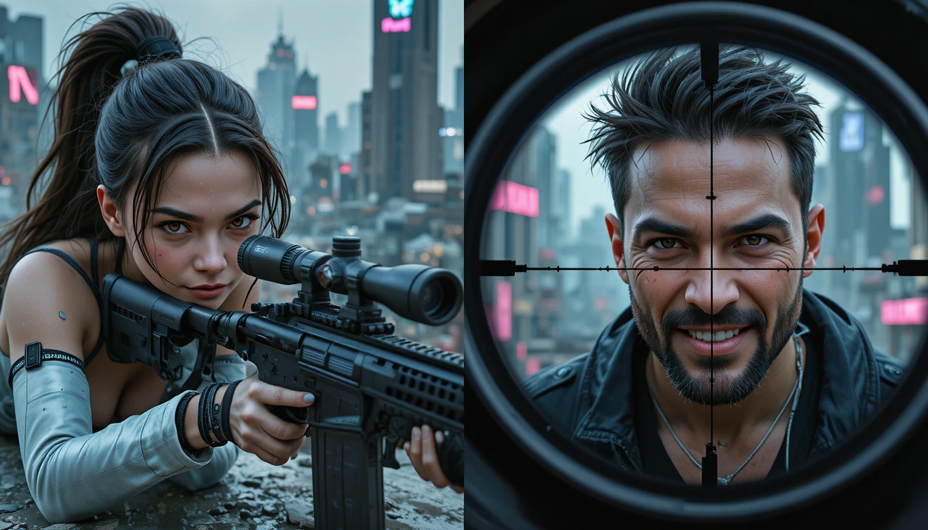 Uma jovem atiradora cyberpunk mira com seu rifle do alto de um arranha-céu sobre a Cidade Neon