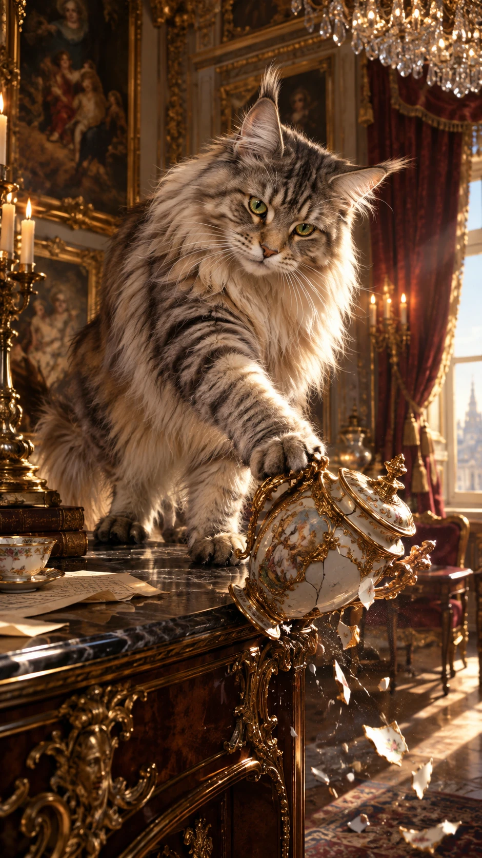 Um gato Maine Coon empurra uma urna dourada sobre uma mesa de palácio