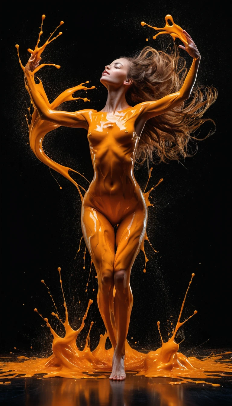 Une femme danse avec passion dans du jus d'orange sur fond noir