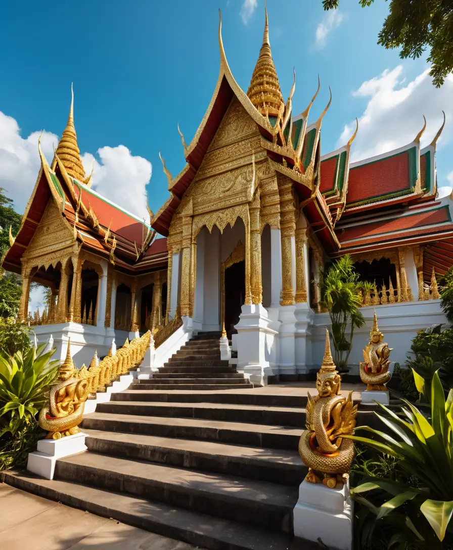 Un tempio buddista thailandese svetta su rigogliosi giardini sotto un cielo azzurro