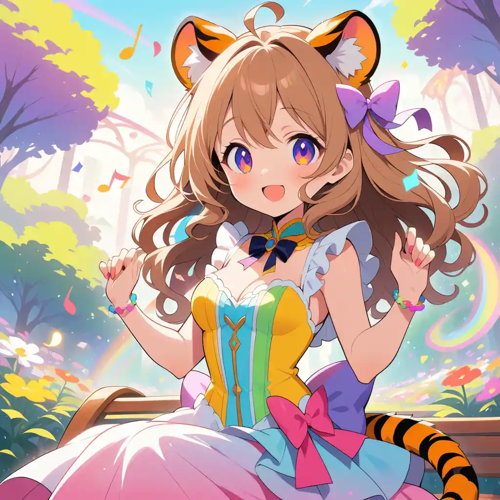 A tiger woman plays a harp on a decorated bench in a sunny park