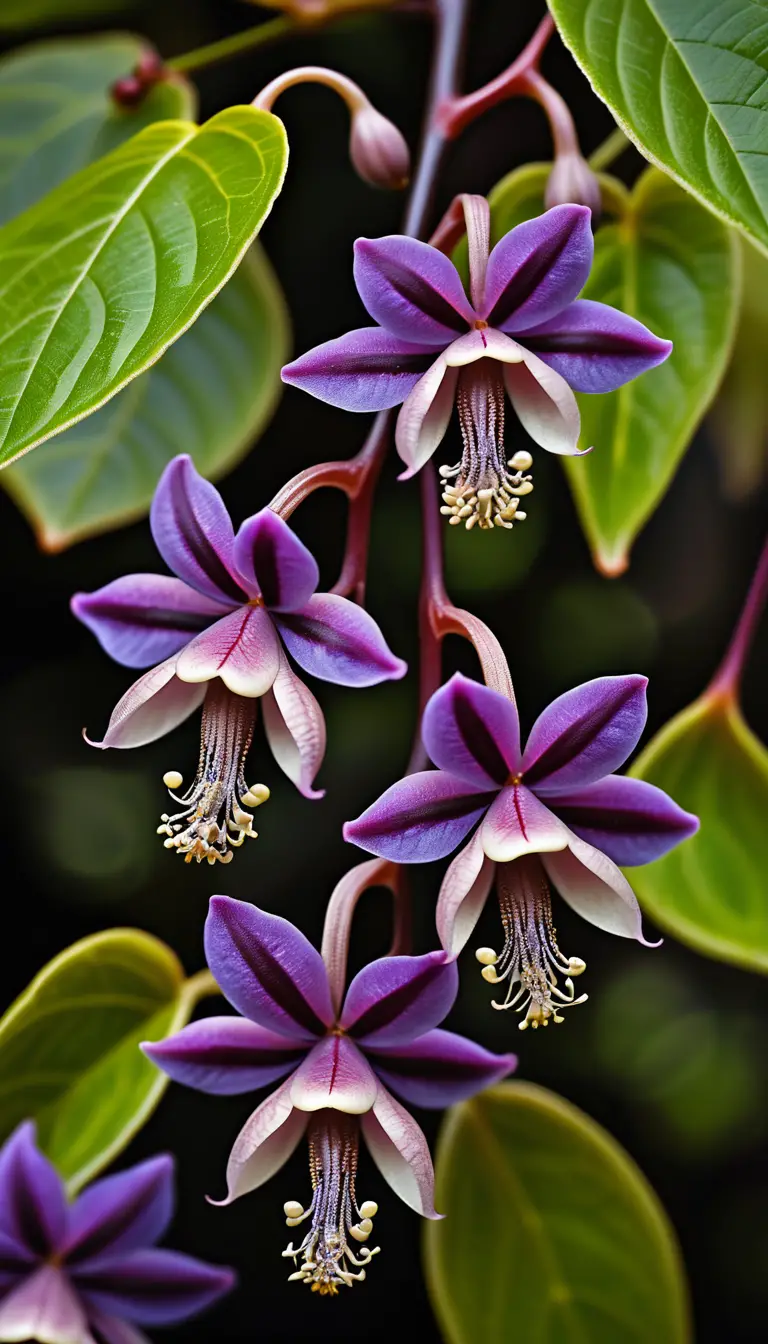 Fiori color borgogna della vite del cioccolato tra una rigogliosa vegetazione verde
