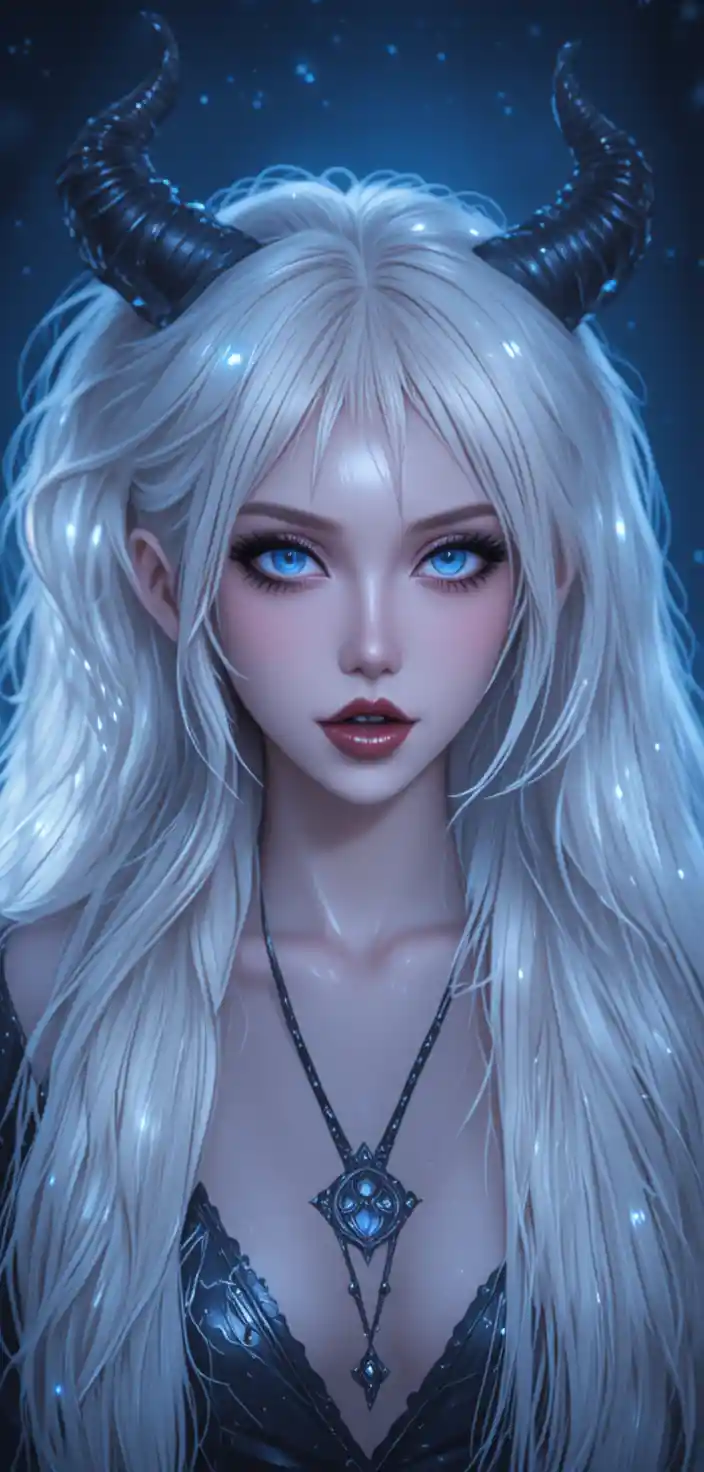 Eine ätherische Frau mit Hörnern und leuchtend blauen Augen unter einem Sternenhimmel