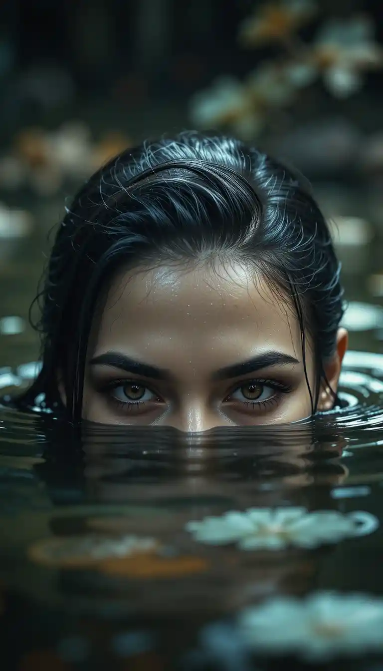 Os olhos intensos de uma mulher surgem acima de uma superfície de água sombria
