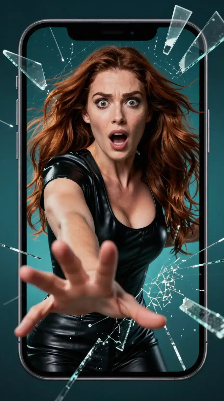 Uma mulher assustada estende a mão em direção à câmera através do vidro estilhaçado de um smartphone
