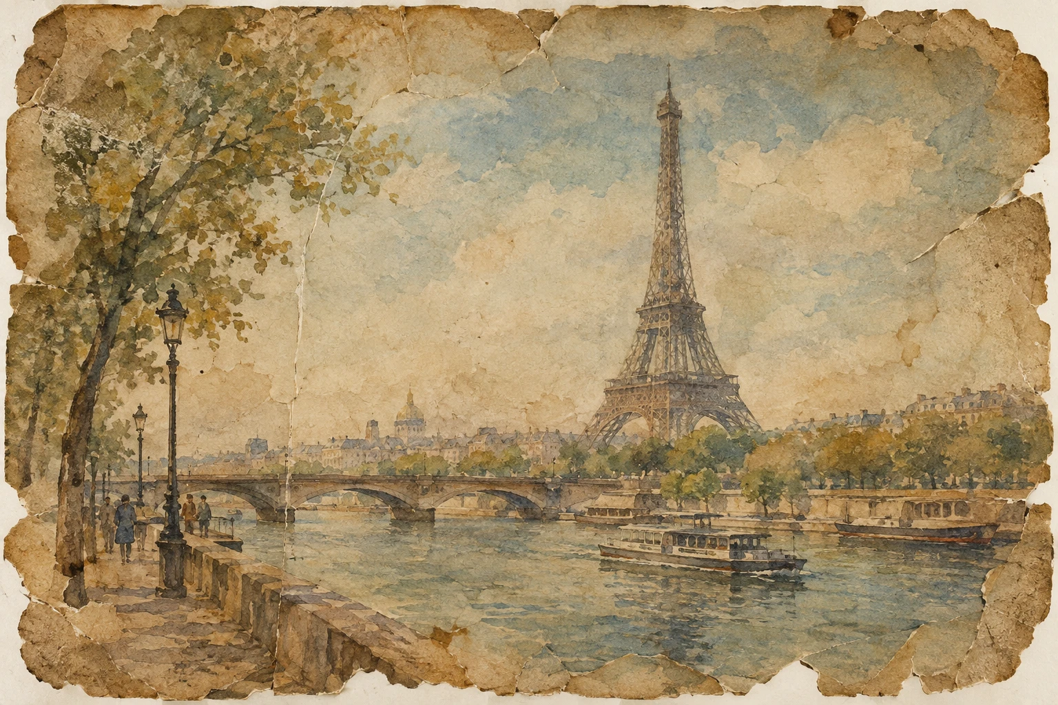 Uma aquarela desbotada retrata a paisagem urbana de Paris com bordas desgastadas