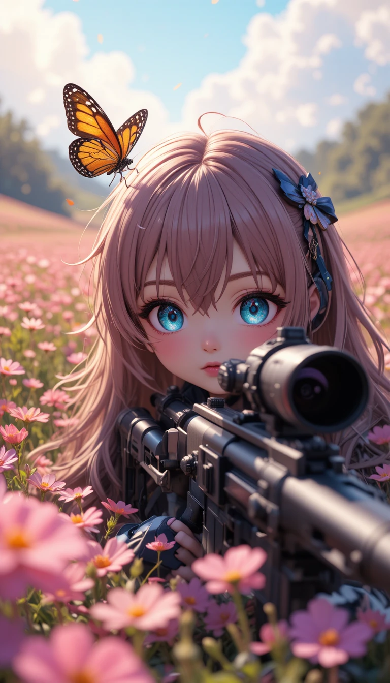 Garota de anime mira com seu rifle enquanto uma borboleta pousa na luneta
