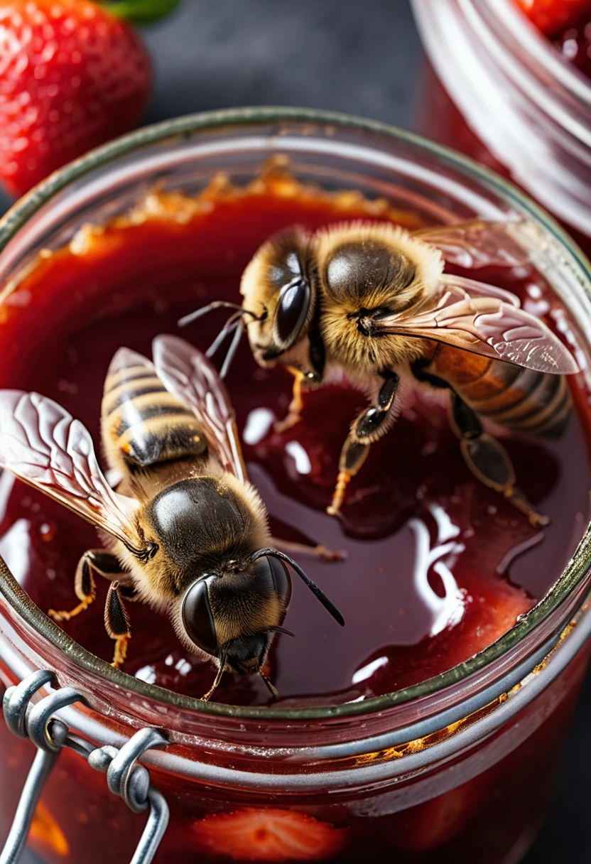 Two Bees Gather Along the Rim of an Open Strawberry Jam Jar