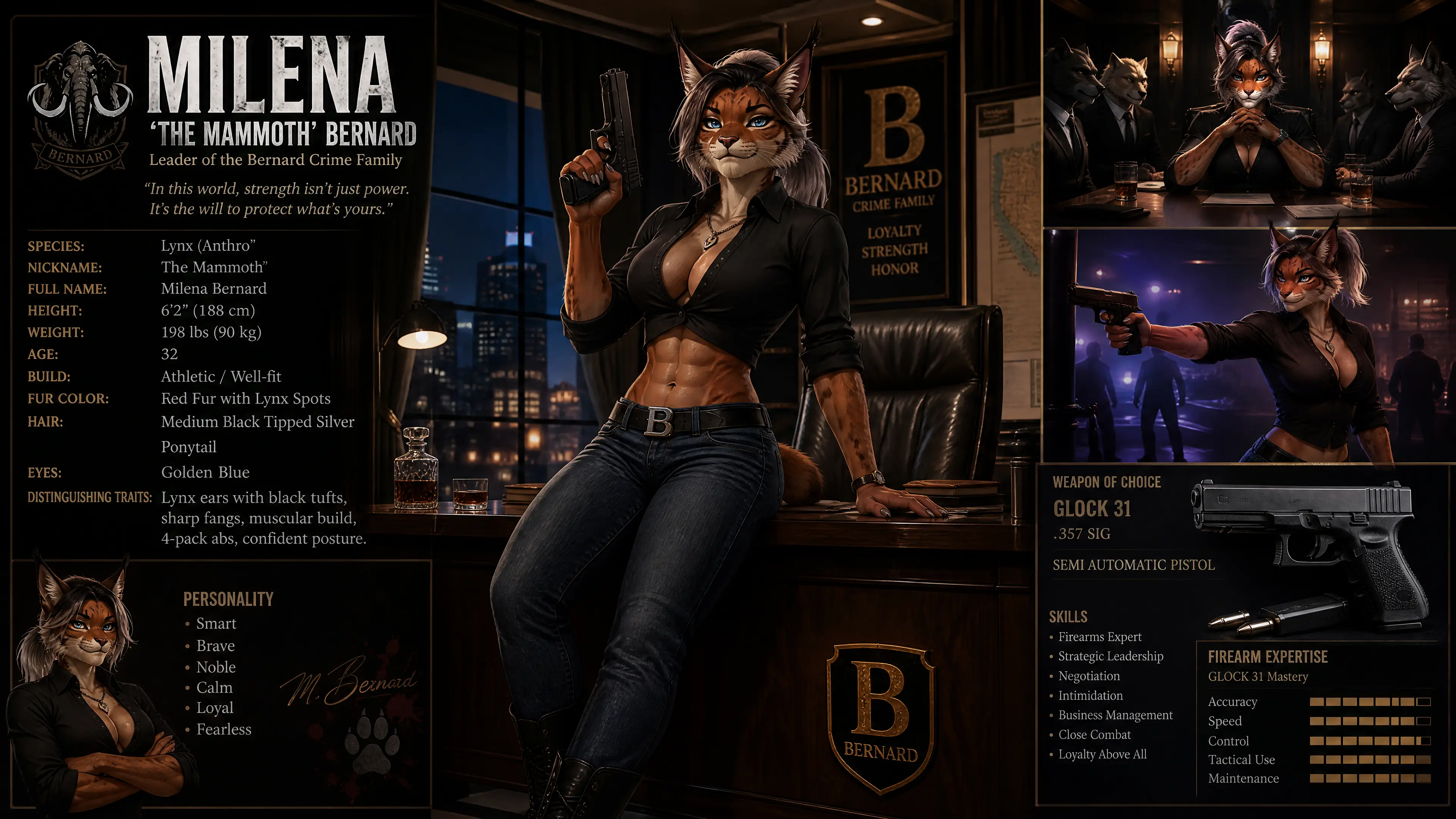 A red-furred anthropomorphic lynx with silver hair, jeans, and boots
