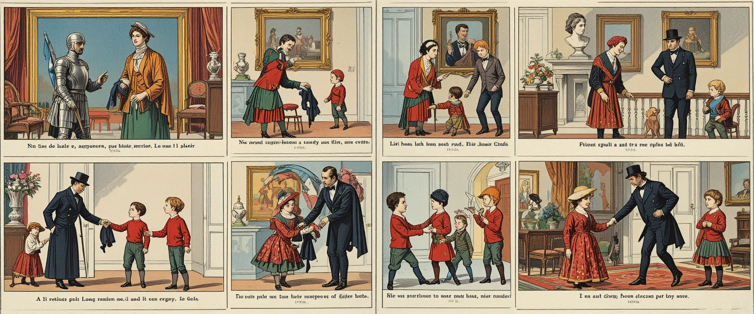 Due figure in abiti d'epoca sono davanti al ritratto di un cavaliere sotto un lampadario