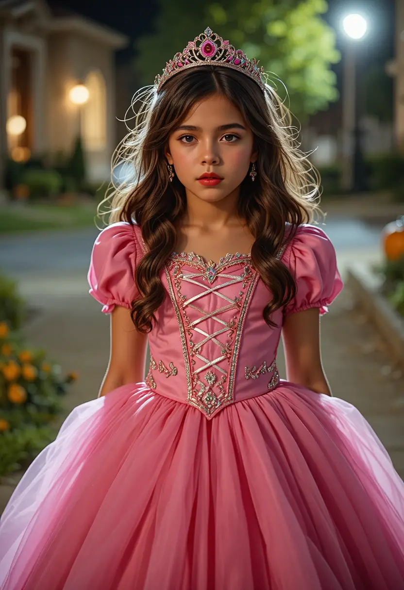 Un niño hispano preadolescente y nervioso lleva un vestido rosa de princesa en Halloween