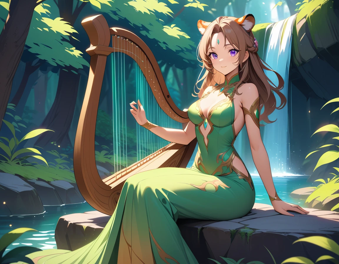 Uma mulher-tigre toca harpa em uma floresta encantada