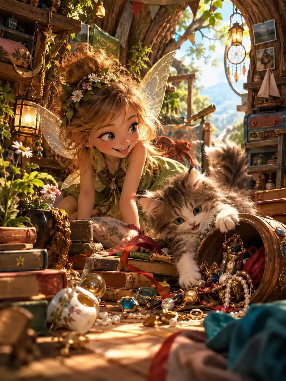 A mischievous fairy brings playful chaos to a treasure-filled treehouse