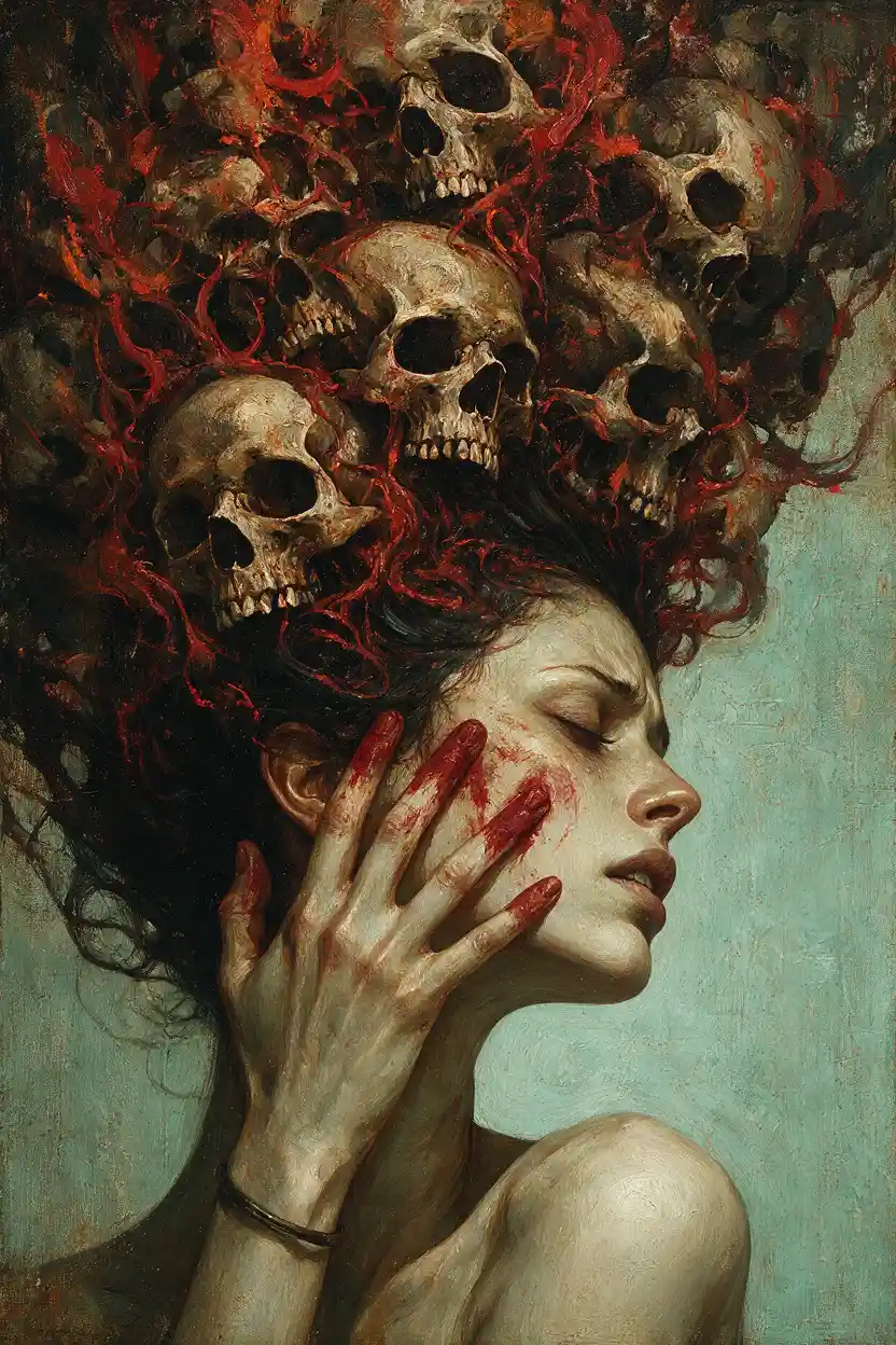 Mulher surreal de perfil, rodeada por uma coroa de crânios