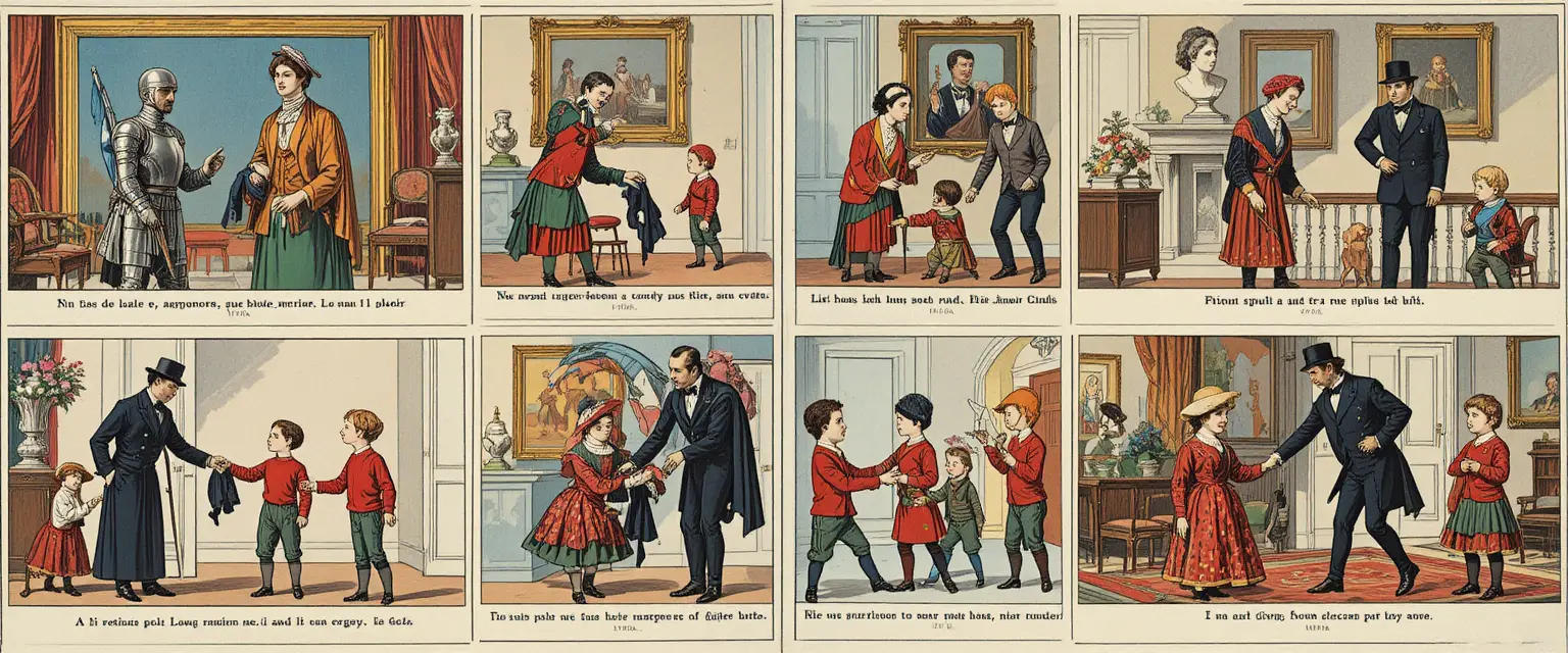 Zwei Personen in historischer Kleidung stehen unter einem Kronleuchter vor dem Porträt eines Ritters