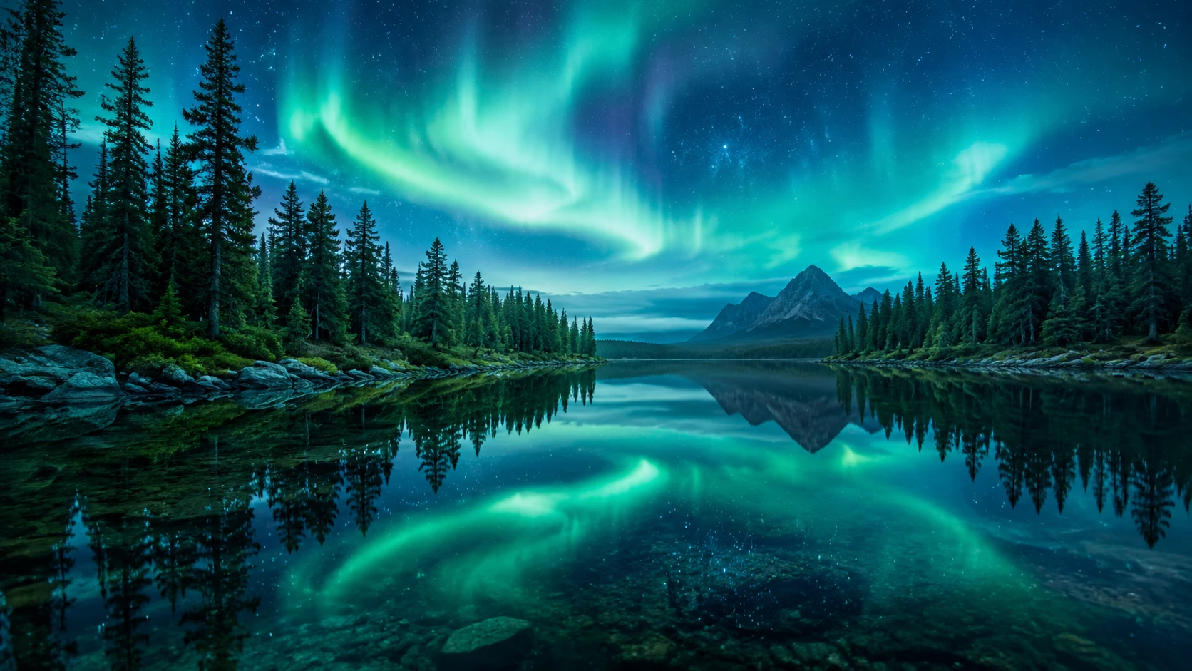 Uma floresta digital refletida nas águas tranquilas sob a aurora