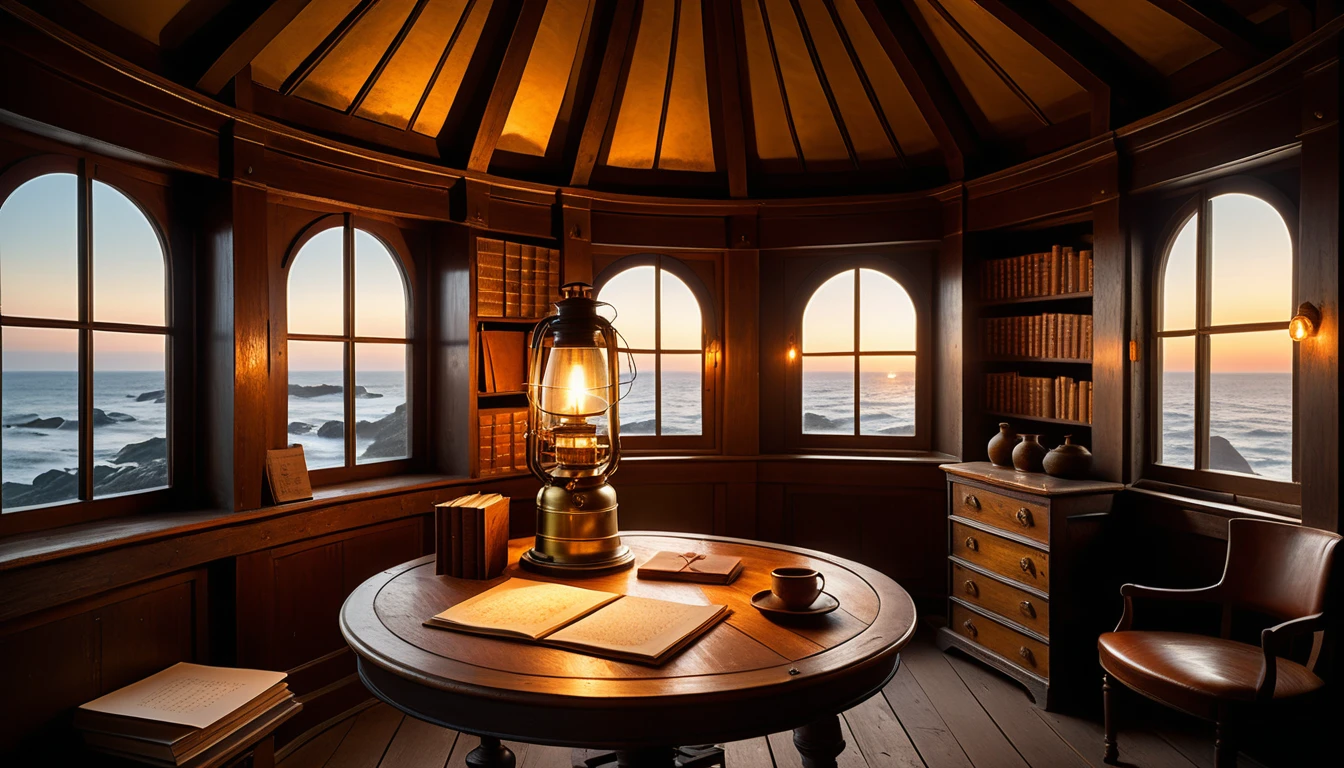 Um escritório privado dentro da sala da lanterna de um farol