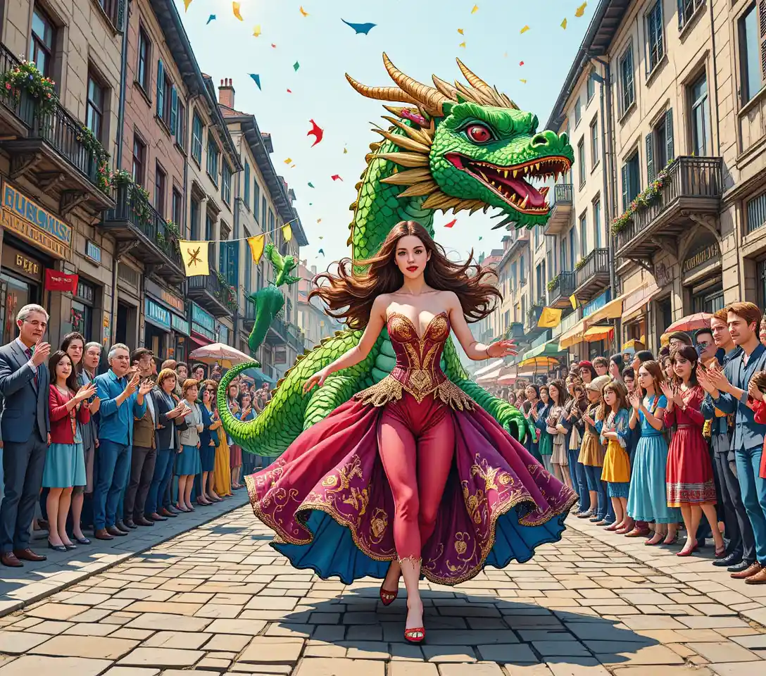 Uma fantasia de dragão lidera um animado festival de rua por uma cidade europeia