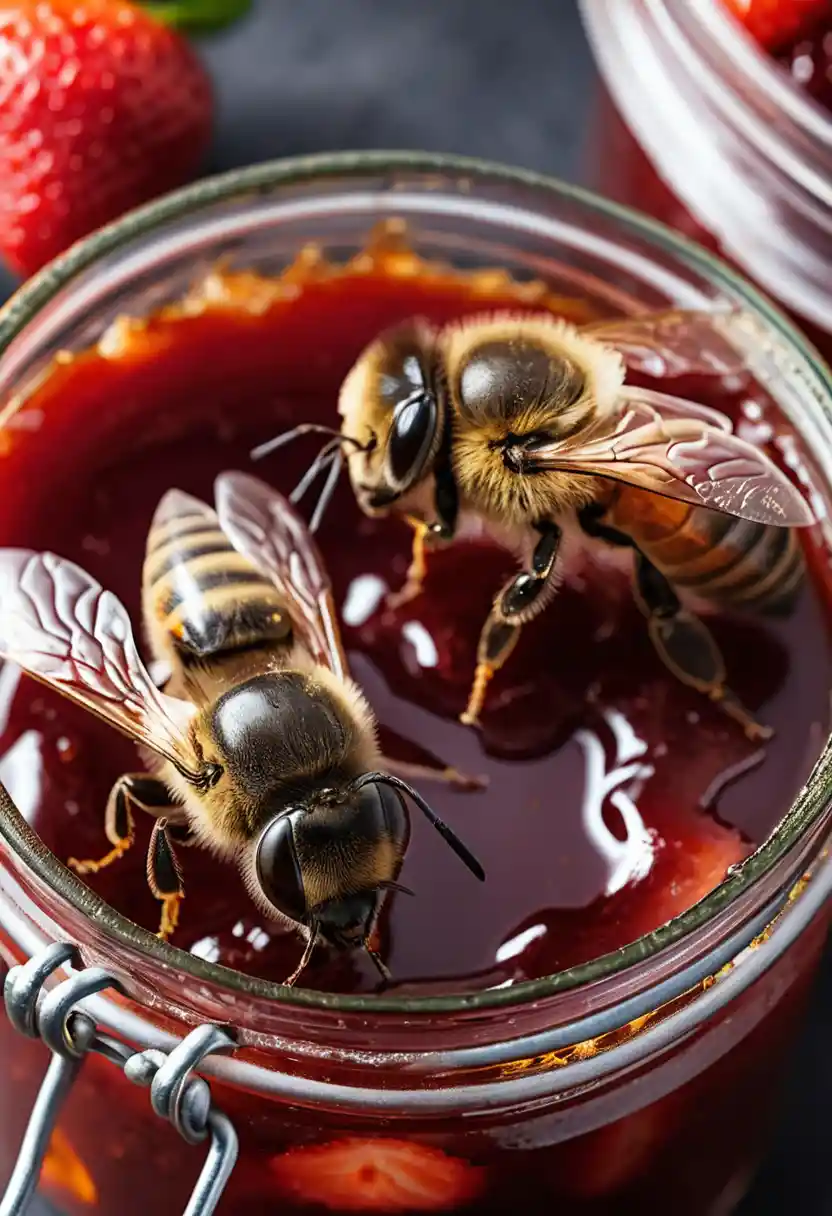 Dos abejas se reúnen en el borde de un tarro abierto de mermelada de fresa