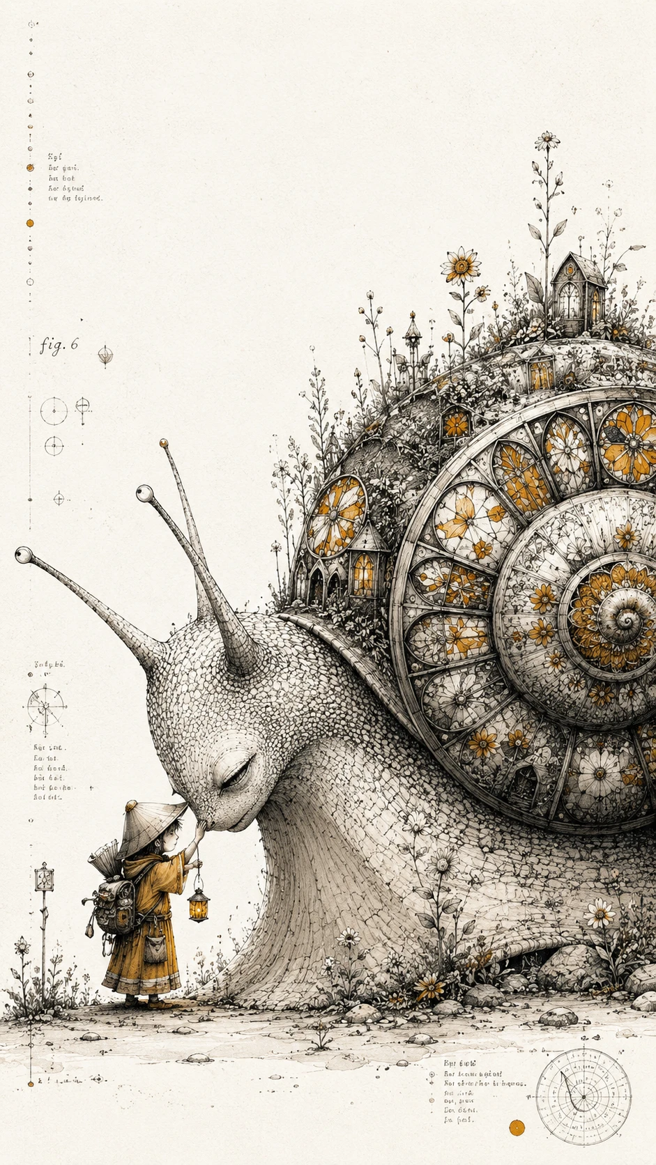 A tiny traveler dwells within a giant snail’s shell of stained-glass gardens