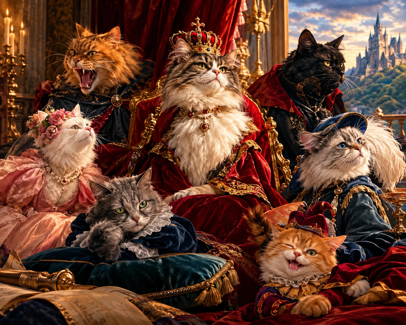 Gatos majestosos trazem drama barroco a uma cena de novela com estilo pictórico
