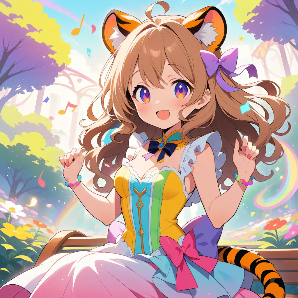 A tiger woman plays a harp on a decorated bench in a sunny park