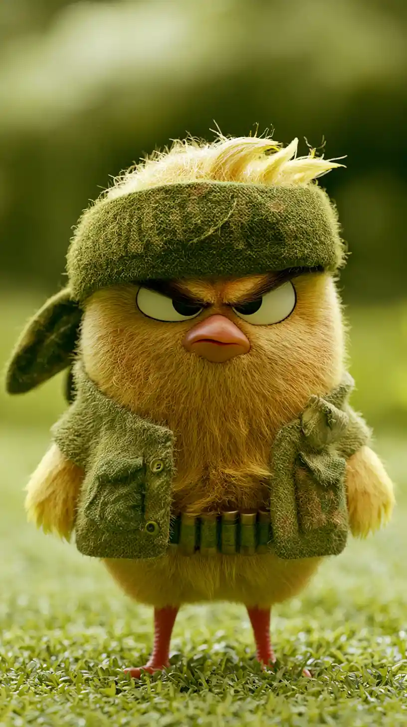 A tiny yellow chick in a military-inspired outfit stands on a lawn
